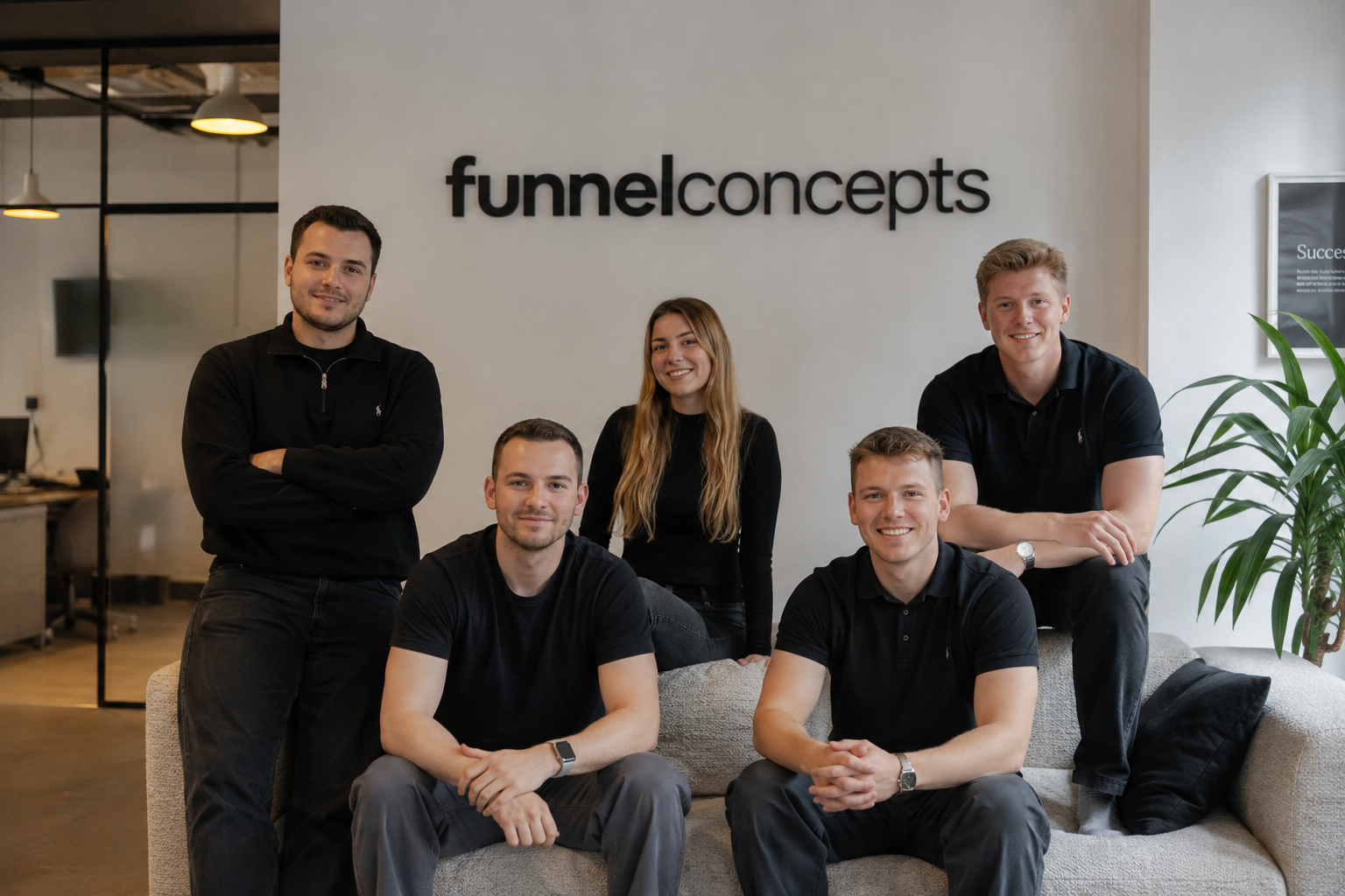FunnelConcepts Team vor dem Firmenlogo im Office