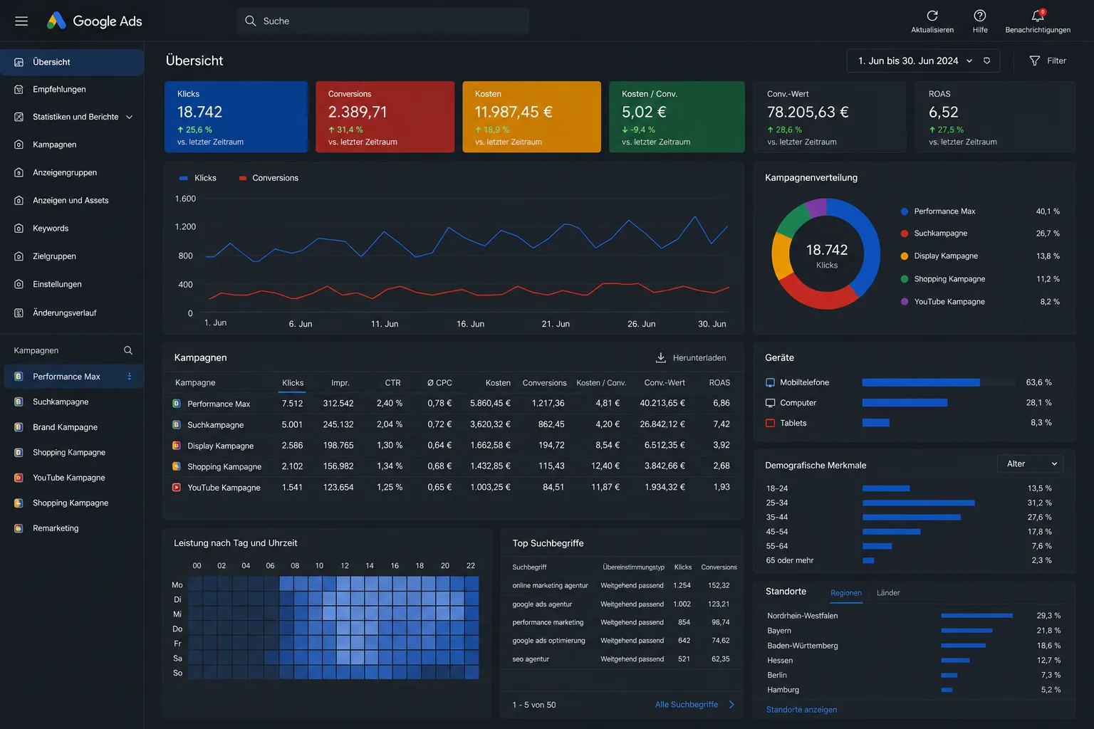Google-Ads-Wachstumsdashboard mit ROAS und Conversion-Werten – Google Ads Audit